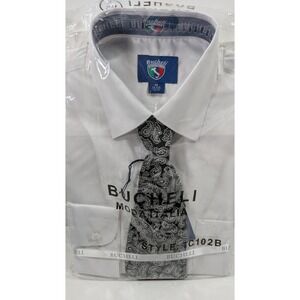 BUCHELI Men's Dress Cotton Blend WHITE Shirt M 15.5" With Matching Tie Set